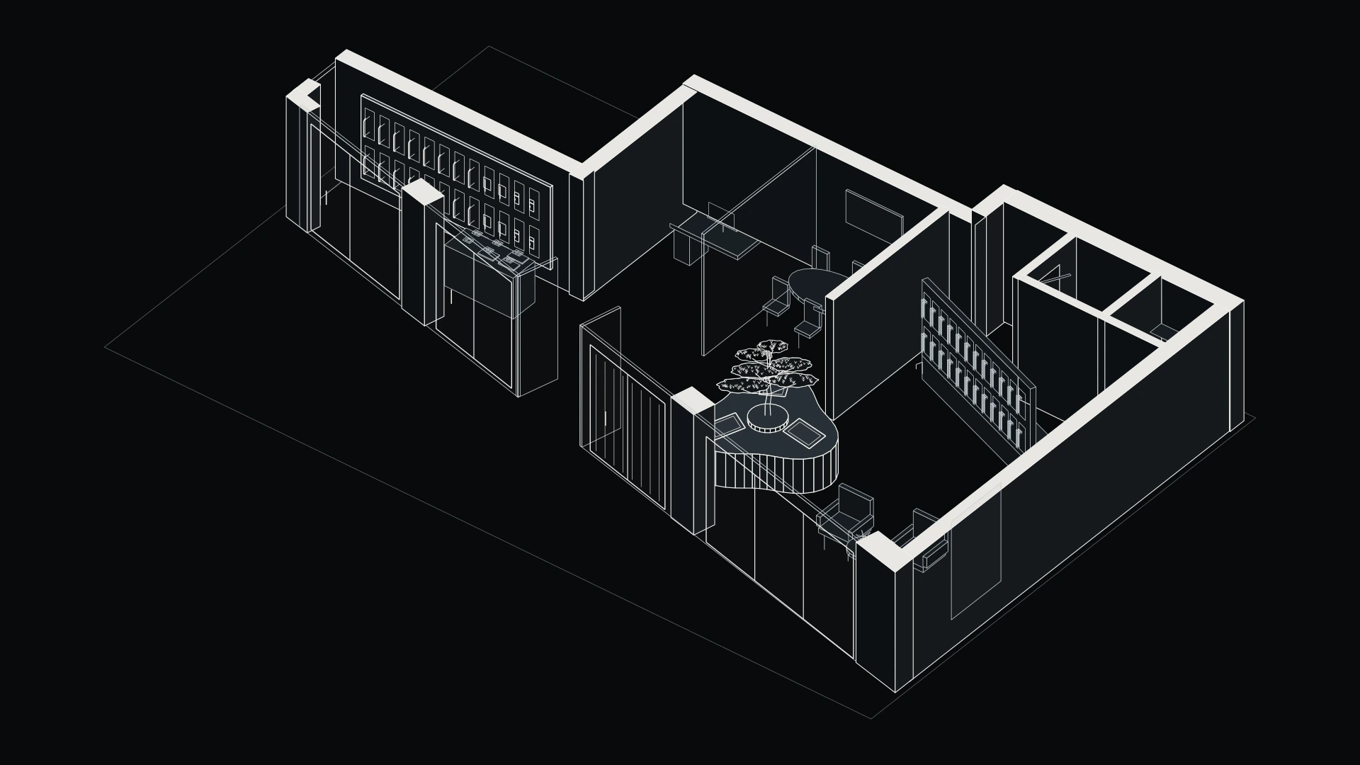 Axonometric drawing of the Ealing showroom in white line on black: a wall of window and door samples at the back left, a glazed meeting room with an oval table behind the centre, a curved consultation desk with a tree at the middle of the floor, a second sample wall on the right, and two small rooms in the far right corner.